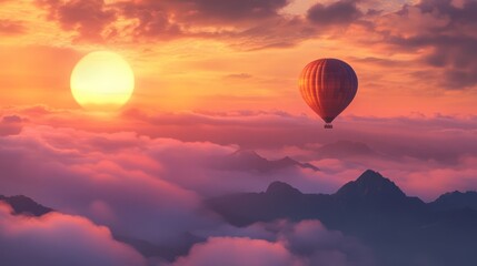 Obraz premium Hot Air Balloon Soaring Above Mountains at Sunset