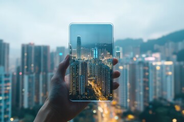 Hand holding a transparent smartphone with a digital city skyline projection