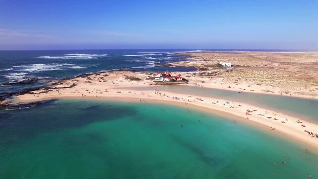 Best scenic beaches of Fuerteventura island. La Conca beach in El Cotilio in northern part. aerial drone 4k video