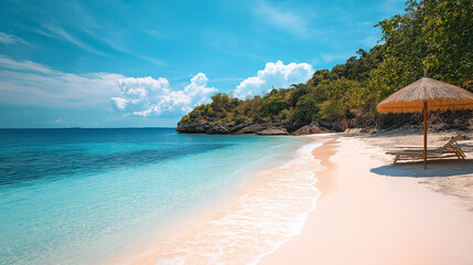 Fototapeta premium Beautiful Tropical Beach with White Sand, Clear Blue Water, and Straw Umbrella for Relaxation