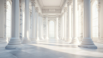 Obraz premium A grand, sunlit hall filled with towering columns in a classical architectural style during midday