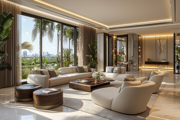 Fototapeta premium Contemporary Living Space with Stylish Furnishings and Expansive Windows. 3D Rendered Design for a Modern Interior