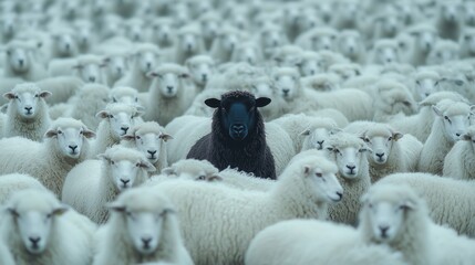 High-quality photograph of a single black sheep standing in the middle of a large group of white sheep, emphasizing individuality and uniqueness in a homogeneous environment