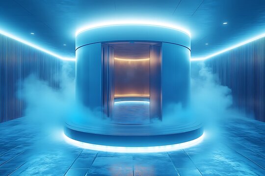 A futuristic cryotherapy chamber glowing with blue neon light in a modern spa