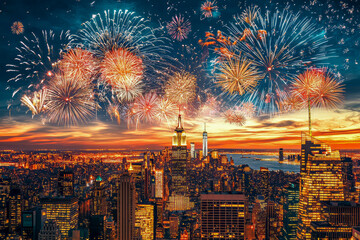 Iconic Manhattan Skyline: Statue of Liberty, USA Flag, Fireworks, and Sunset on Independence Day Celebration