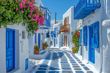 Enchanting Greek Village: Stunning Blue and White Cobble Street in Mykonos Island, Greece