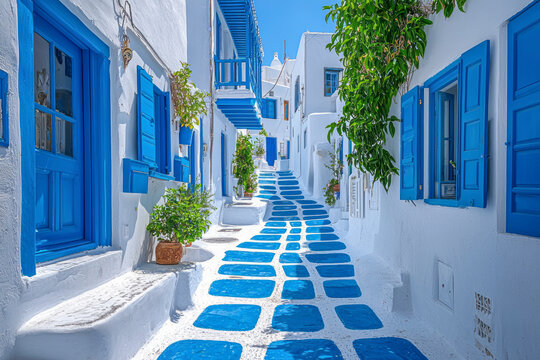 Fototapeta Charming Greek Village: Stunning Blue and White Streets of Mykonos Island, Greece