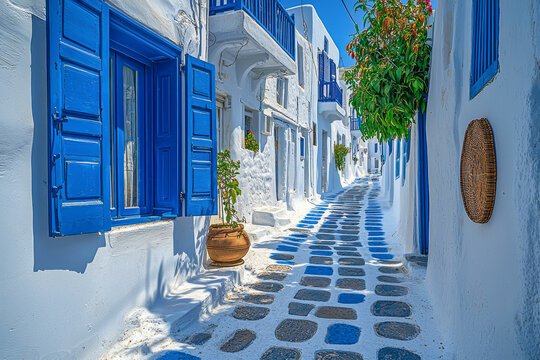 Fototapeta Charming Greek village scene: Quaint blue and white cobblestone street with traditional houses in Mykonos, Greece.