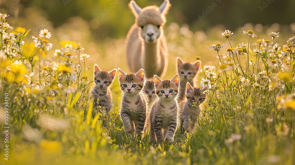 Poster   A few kittens frolic in a pasture surrounded by a magnificent horse