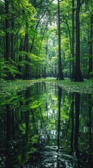 Fototapeta premium A peaceful swamp in a vibrant forest with tall trees and lush greenery reflecting in the water