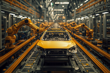 Fototapeta premium Revolutionizing Electric Vehicle Production with High-Tech Automated Assembly Line and Welding Robots in Green Energy Car Factory 3D Concept.