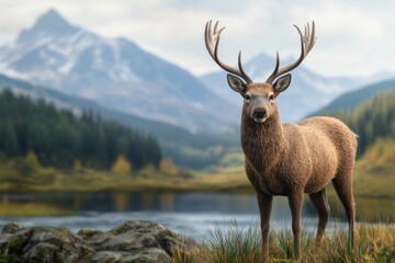 Majestic Deer in Natural Landscape with Mountains
