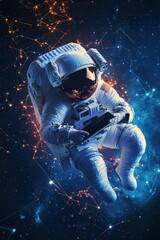 Fototapeta premium Astronaut floating in space using digital tablet with glowing network of connections and stars in the background