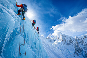 High-quality image of a team scaling an icy peak on Mount Everest with rope and ladder, captured in a realistic style. - Powered by Adobe