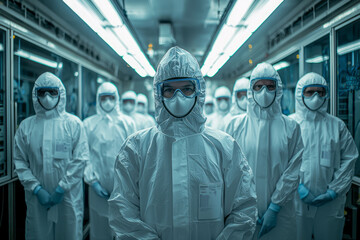 High Definition Group Photos of Semiconductor Lab Researchers in Dust-Free Clothing Capturing Rich Details in Technology Research Room