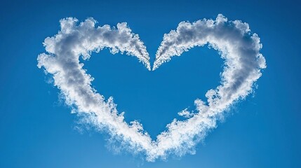 Naklejka premium A heart-shaped cloud resembling a plane soaring through a blue sky with white smoke emanating from its tail