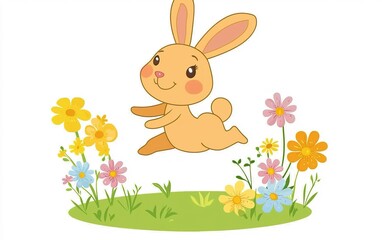 Fototapeta premium A cheerful bunny hops joyfully among colorful flowers in a vibrant spring meadow filled with life and joy
