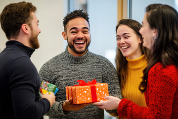 A diverse group of office workers laughing and enjoying a Secret Santa gift exchange.