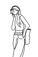 One continuous line drawing, a girl sitting and drinking  	