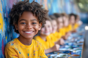 Close up of Smiling Afro American Schoolboy in paint-splattered yellow shirt leaning against colorful wall, surrounded by Classmates painting at long table. School Process Concept

