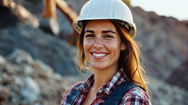 A cheerful female construction worker at a quarry smiles at the camera while wearing a hard hat and work clothes, behind her, heavy machinery can be seen working