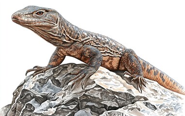 Obraz premium A colorful lizard basking on a sunlit rock in a vibrant natural setting, showcasing its intricate patterns and textures during midday