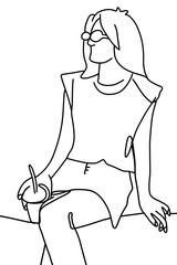 One continuous line drawing, a girl sitting and drinking  	