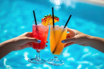 hands holding colorful cocktails with black straws, toasting each other near the edge of an outdoor swimming pool on a bright blue background Generative AI