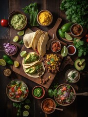 A Rustic Table Spread Featuring Tacos, Toppings, and Sauces