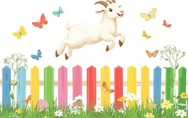 A playful goat leaps joyfully over a bright fence surrounded by colorful butterflies and blooming flowers in a vibrant garden