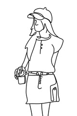 One continuous line drawing, a girl sitting and drinking  	