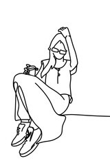 One continuous line drawing, a girl sitting and drinking  	