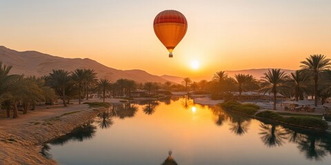 a hot air balloon flying over a river