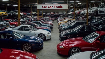 Obraz premium Pre-owned vehicles for sale at a bustling used car lot.