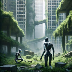 AI Urban Explorers
Depicting futuristic AI robots exploring abandoned urban spaces and overgrown ruins, offering a vision of AI coexisting with or rediscovering the remnants of human civilization.