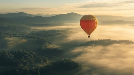 Hot Air Balloon Soaring Above Misty Mountains