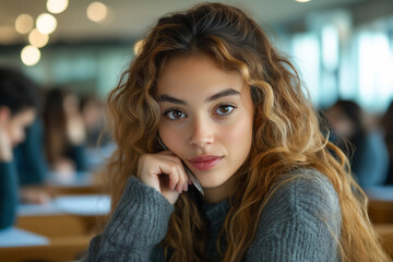 Young Girl Student with wavy hair sitting in Classroom, resting her chin on her hand while holding Pen, looking directly at camera with thoughtful expression