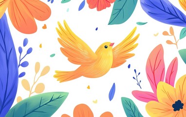 Obraz premium Vibrant yellow bird soaring amidst colorful flowers and lush greenery in a cheerful garden setting