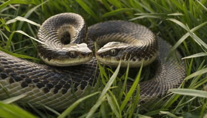 Fototapeta premium Detailed shot of a snake slithering through the grass, capturing the scales and patterns along its body and the way it interacts with the environment.