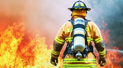 Fototapeta premium Heroic firefighter confronts raging chemical fire, surrounded by intense heat and blinding light.