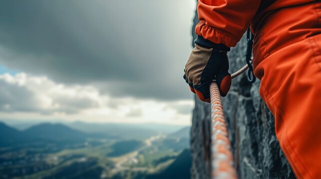 Cliffside Courage, A lone climber in an orange jacket stands on a rugged cliff edge, gripping a rope as they gaze across a breathtaking valley towards distant mountains.