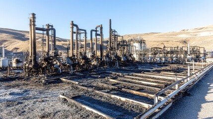 Obraz premium Post-Apocalyptic Industrial Ruin - Charred and Twisted Machinery in a Desolate Chemical Plant Landscape