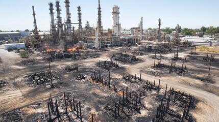 Post-Apocalyptic Industrial Ruin - Charred and Twisted Machinery in a Desolate Chemical Plant Landscape