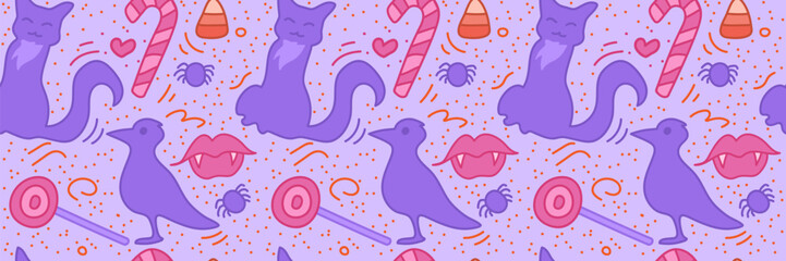Halloween seamless pattern with crow and black cat and candy. Spooky stock vector illustration in cartoon style with outline.