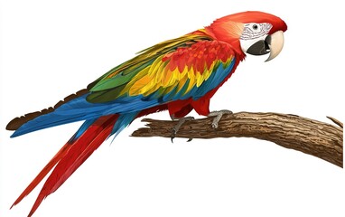 Obraz premium A vibrant scarlet macaw perched gracefully on a natural branch showcasing brilliant plumage against a clean background
