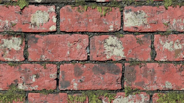 Textured red brick wall with patches of green moss showcasing rustic charm in urban setting