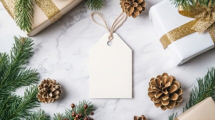 A blank gift tag, perfect for design, is elegantly surrounded by Christmas decorations, wrapped gifts, and natural elements, creating a charming holiday atmosphere