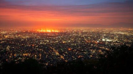 Naklejka premium Apocalyptic Cityscape - A city skyline engulfed in the eerie orange glow of a distant chemical fire, casting an ominous shadow over the urban landscape.