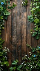 A rustic wooden board adorned with various green plants and wild grass for a natural feel