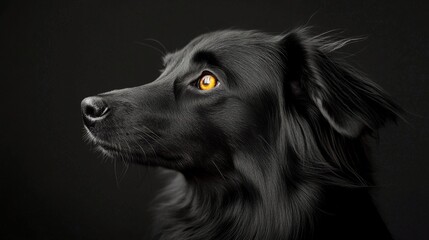 Fototapeta premium A black dog with bright eyes gazing thoughtfully in low light conditions